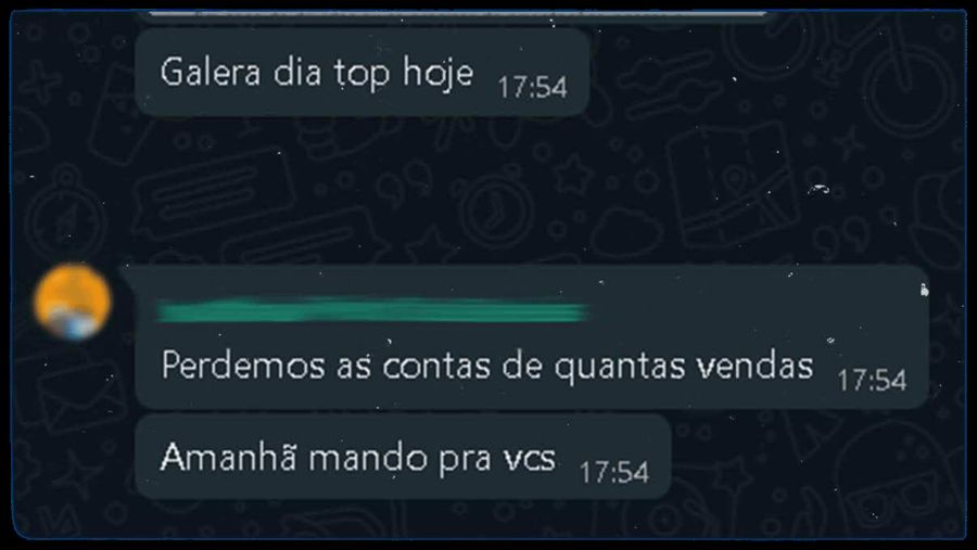 Conversa de WhatsApp com cliente: “Galera dia top hoje”, “Perdemos as contas de quantas vendas”, “Amanhã mando pra vcs”.